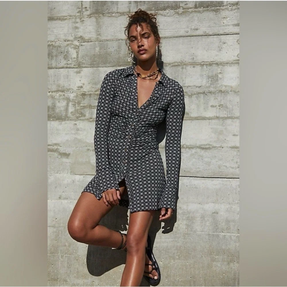 Free People Shayla Black White Retro Ruched Spring Mini Dress M y2k 90s - Picture 6 of 11
